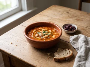Fasolada: griechische weiße Bohnensuppe mit Olivenöl, Brot und Oliven