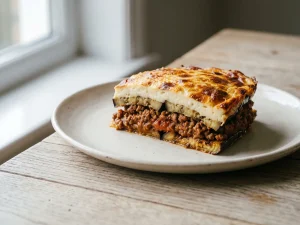 Moussaka mit Olivenöl: Anschnitt mit Auberginen, Hackfleisch und Béchamel