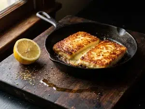Saganaki: gebratener Kefalotyri in der Pfanne mit Zitrone und Oregano