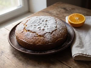 Vasilopita – griechischer Neujahrskuchen mit Olivenöl, mit Puderzucker bestäubt